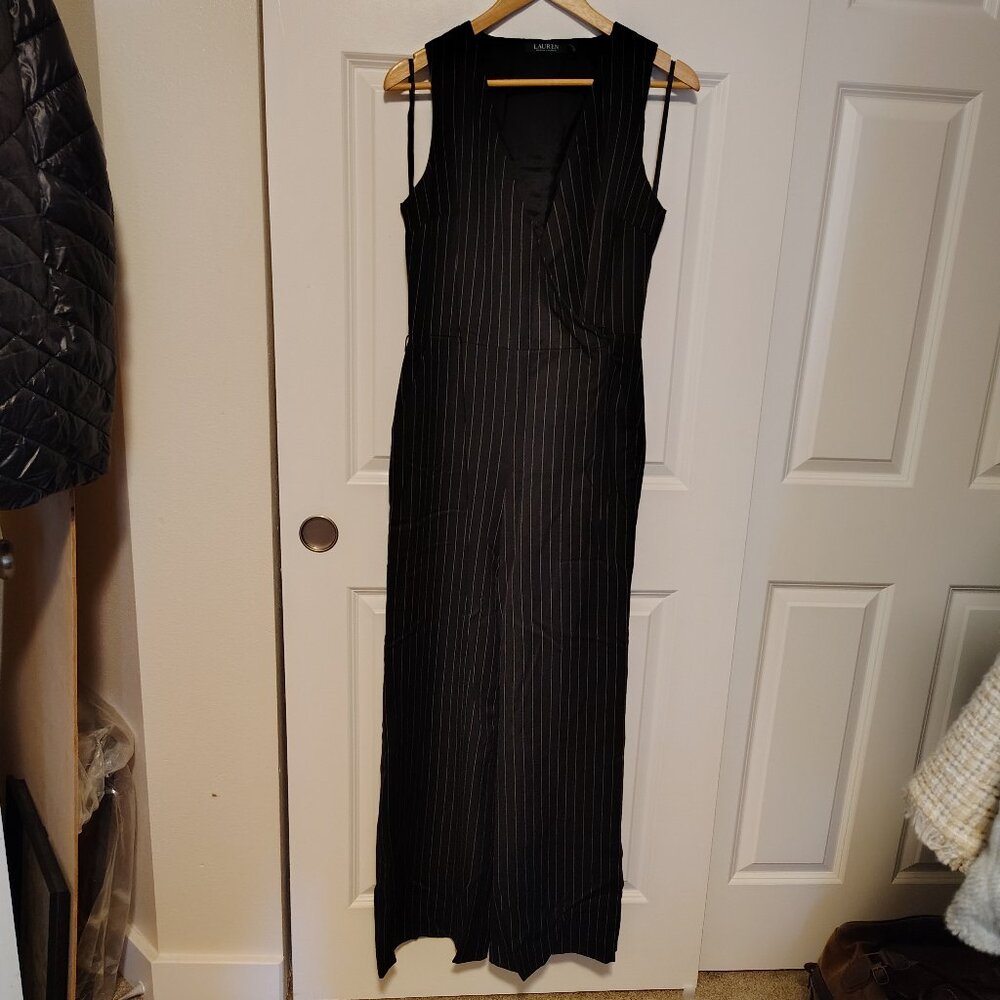 Ralph Lauren Black Pinstripe Pantsuit Sleeveless Flared Pant Belted Office Chic - Picture 2 of 9